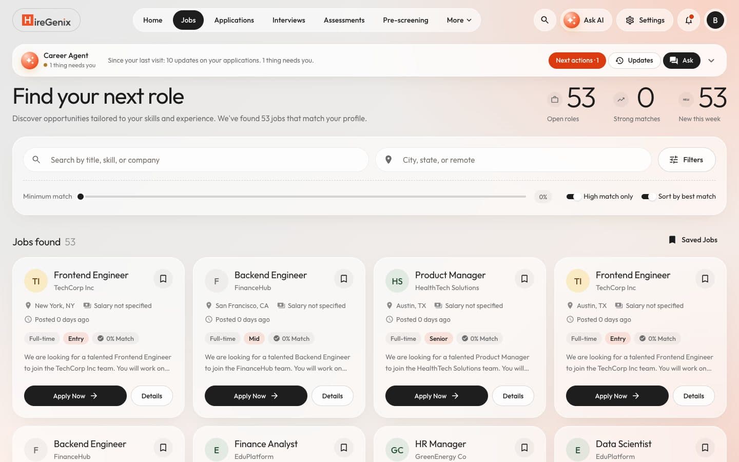 HireGenix candidate job search with match scores (sample data)