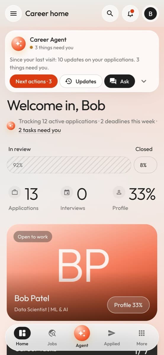 HireGenix career home on a phone (sample data)