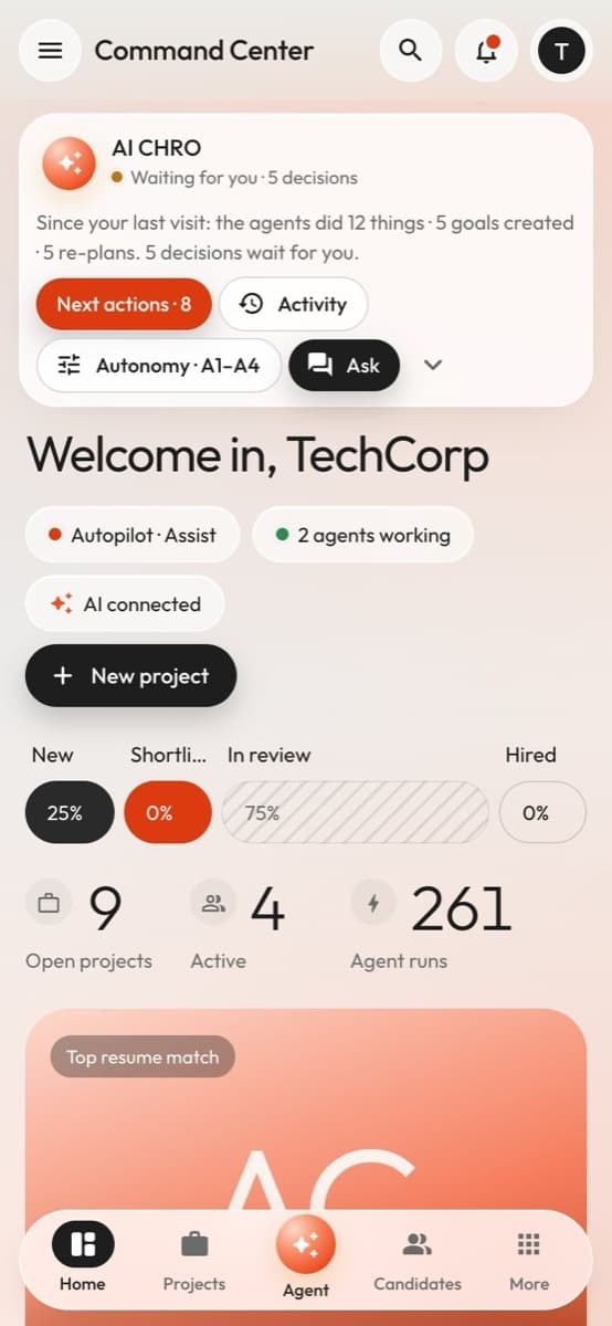 HireGenix Command Center on a phone (sample data)