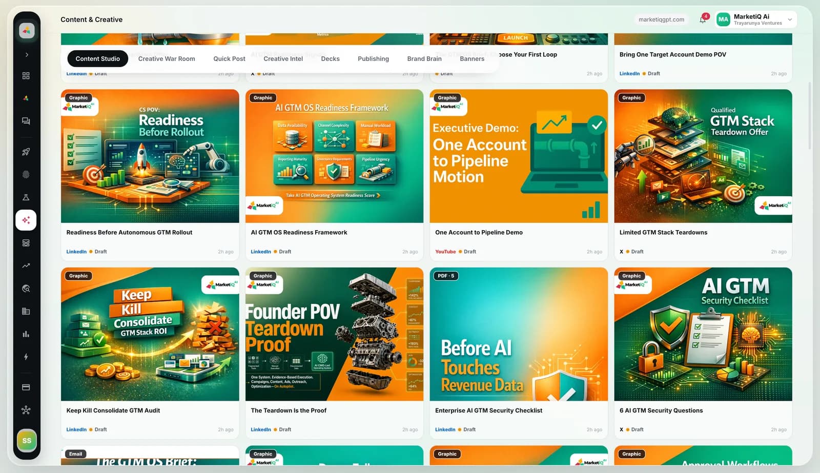 MarketiQ Content Studio library with on-brand drafts for LinkedIn, X and YouTube